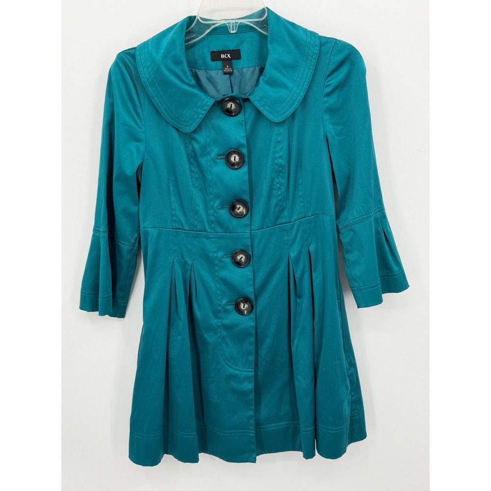 BCX Trench Coat Women S Teal Blue Button Front Pleated Skirt Style 0081532‎